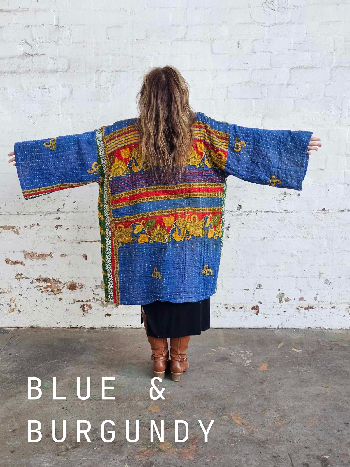 BLUE &amp; BURGUNDY Vintage Kantha Kimono