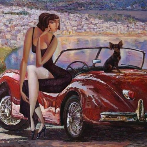 Lady And The Red Car Mint Decoupage Paper art  11.7 x 16.5 inches