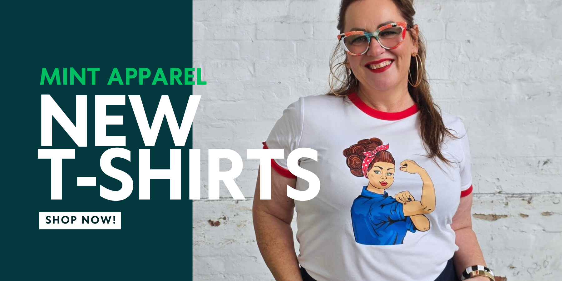 Woman wearing a t-shirt with a graphic design, promotional text for Mint Apparel new t-shirts.