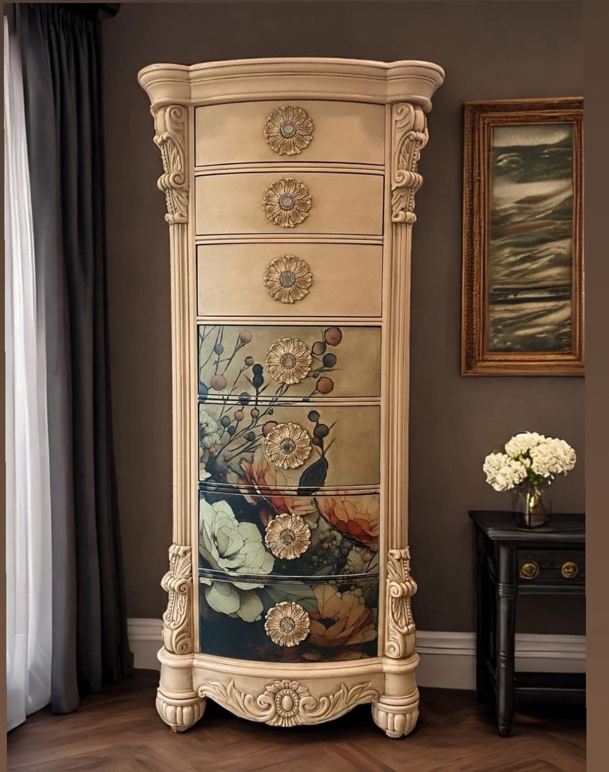 Ornate cream tall chest with Peach Oasis floral decoupage across the lower drawers, created by Chalkulture.