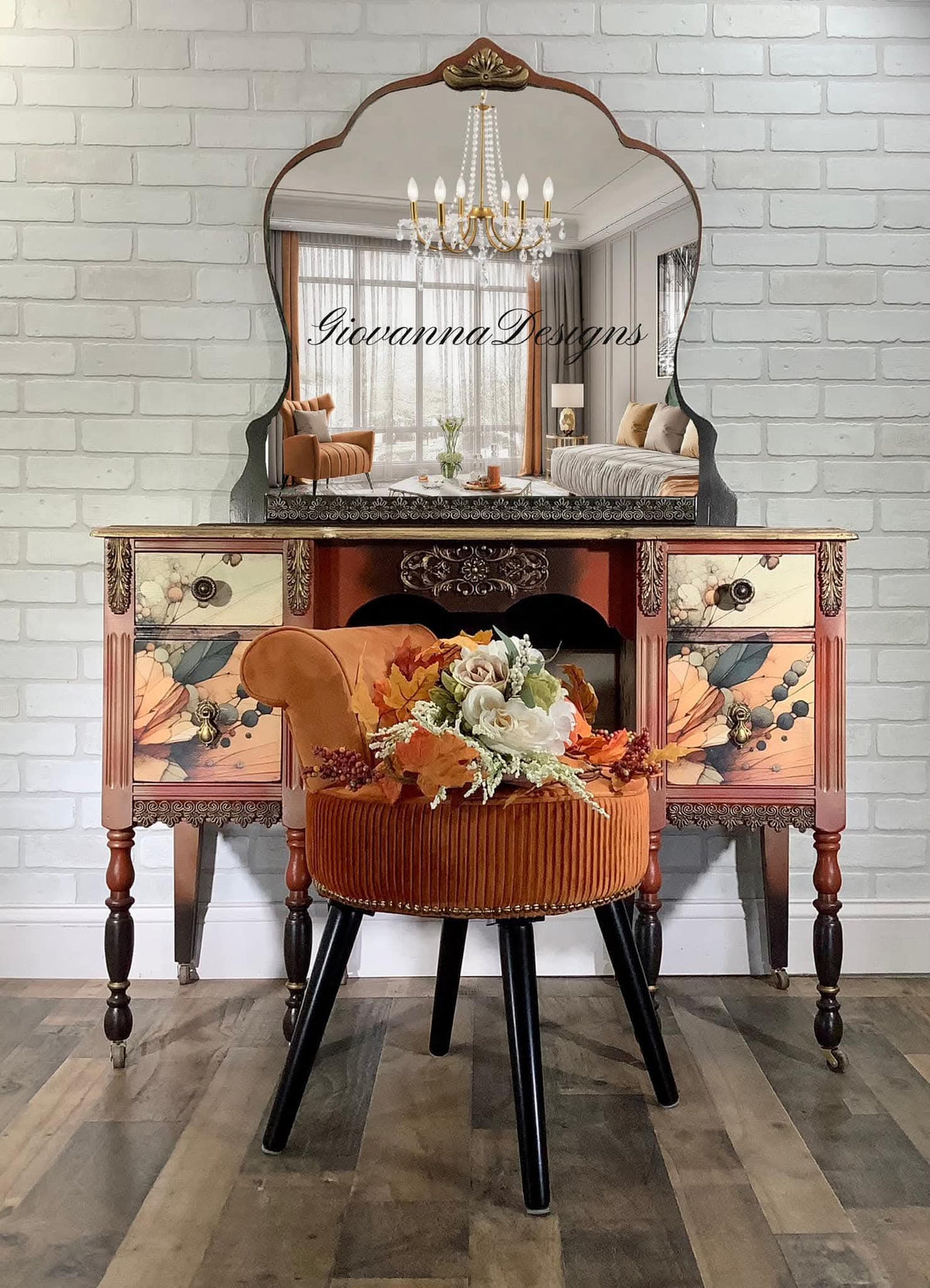 Peach-toned vintage dressing table with Peach Oasis floral decoupage and a mirror, created by Giovannas Designs.