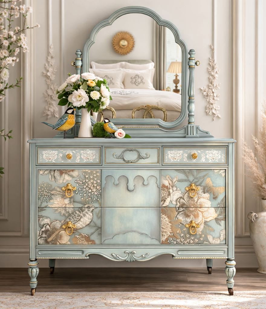 Vintage dressing table painted in My Frenchy Blue Mint Mineral Paint with Foil Birds decoupage across the front, by Granola Girl Treasures.