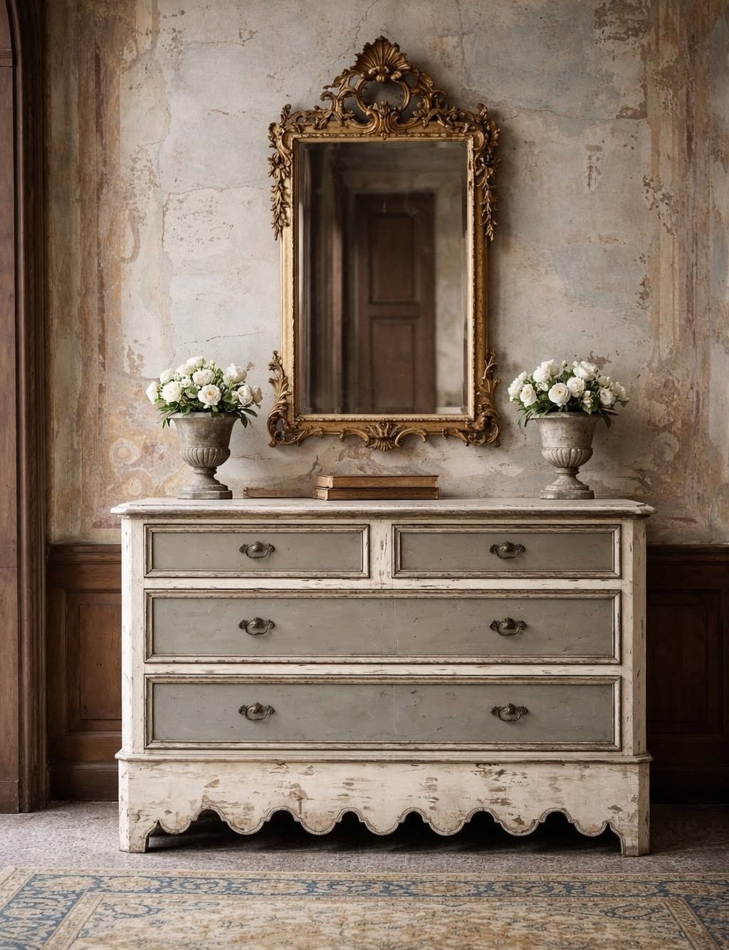 French-style chest of drawers finished in Stoneware Clay and Woollen Jumper Mint Mineral Paint beneath an ornate gold mirror.